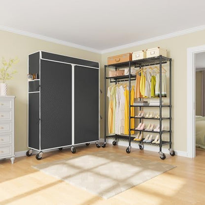 VIPEK R4C Portable Closet Rolling Clothes Rack with Wheels & Zippered Cover | Black Upgraded Fabric Cover, Lockable Wheels, 4 Adjustable Shelves, 2 Hanging Rods, Metal Porable Garment Rack for Bedroom - color: Black Rack with Black Cover, style: R4C