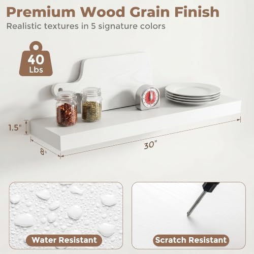8 inch Deep Floating Shelves for Wall, 30" Wide, White Finish, 2-Pack | Engineered Wood Wall Shelves with Invisible Brackets for Living Room, Bedroom, Bathroom, Office & Kitchen Storage - color: White Finish, size: 30"W x 8"D, 2p