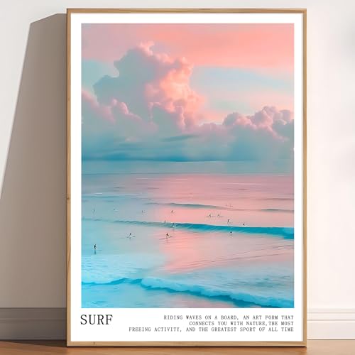 Pink and Blue Coastal Wall Art Cute Preppy Summer Pictures Aesthetic Summer Posters Trendy Beach Pictures Blue Ocean Painting Coastal Cowgirl Artwork Beach Wave Picture for Home Room 16x24in Frameless - color: C1Unframed