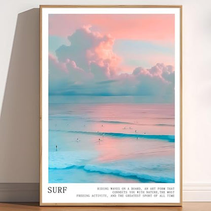 Pink and Blue Coastal Wall Art Cute Preppy Summer Pictures Aesthetic Summer Posters Trendy Beach Pictures Blue Ocean Painting Coastal Cowgirl Artwork Beach Wave Picture for Home Room 16x24in Frameless - color: C1Unframed