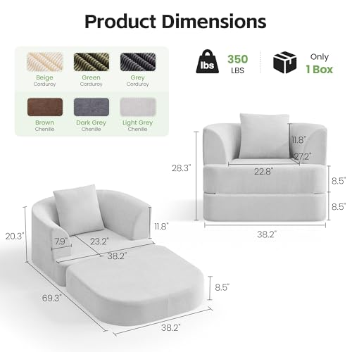 2-in-1 Folding Sofa Bed, Chenille Convertible Single Sleeper Chair Bed, Modern Boneless Foldable Couch, High-Density Foam Lounge Chair for Living Room, Bedroom, No Assembly Required, Light Grey - color: Light Grey