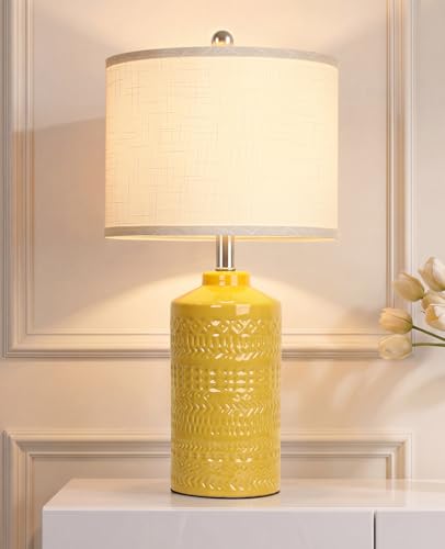 JUNNAI 25" Modern Bedside Ceramic Table Lamps for Living Room Mustard Yellow Nightstand 3-Way Dimmable Lamp Farmhouse Lamp for Bedroom Entryway Tabletop(Bulb Included) - color: Mustard Yellow