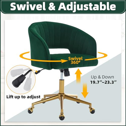 Desk Chair with Wheels, Gold Base, Velvet Accent Vanity Armchair, Green | Spacious‌ Soft Seat, Swivel Height Adjustable, Rocking Function, Modern Stripe for Girls &Women Bedroom Makeup or Nail - color: Dark Green Velvet