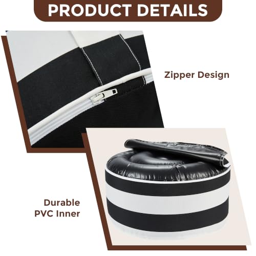 Inflatable Stool Ottoman Footrest with Handle D20 xH9-Black White Stripe | Indoor Outdoor Footrest Seat, Water-Repellent, Footstool Pouf for Home Patio Garden and Camping Use - color: Black White Stripe