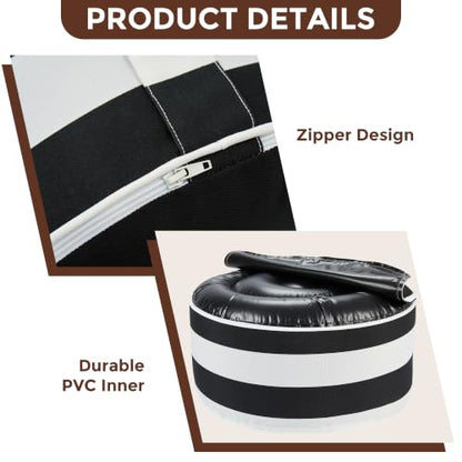 Inflatable Stool Ottoman Footrest with Handle D20 xH9-Black White Stripe | Indoor Outdoor Footrest Seat, Water-Repellent, Footstool Pouf for Home Patio Garden and Camping Use - color: Black White Stripe
