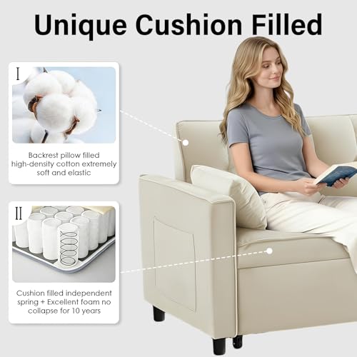 3 in 1 Convertible Sleeper Sofa Bed, Velvet Loveseat Futon Pull-Out Couch with Adjustable Reclining Backrest, Side Pockets and Pillows for Living Room, Bedroom, Apartment, Small Spaces (Beige-Velvet) - color: Beige-velvet