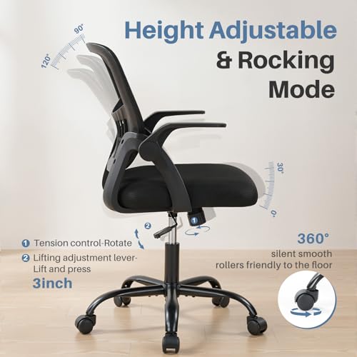 DUMOS Office Chair, Ergonomic Home Desk Chair, Ergonomic Lumbar Support | Height Adjustable, Flip-up Armrest, Rocking Mode, 360 Swivel, Conference Room, Black - color: Black Flip Arm