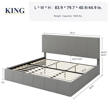 Allewie King Size Dutch Velvet Upholstered Platform Bed Frame/Vertical Channel Tufted Adjustable Headboard/Low Profile Bed Frame/No Box Spring Needed/Easy Assembly/Grey - color: Grey, size: King