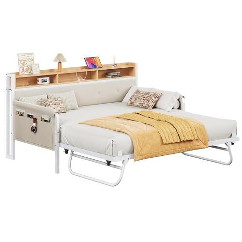 LIKIMIO Daybed with Trundle, Twin Bed Frame,White | with Upholstered Headboard and Charging Station, Sofa Day Bed with Strong Supports for Living Room, Bedroom and Guest Room - color: White