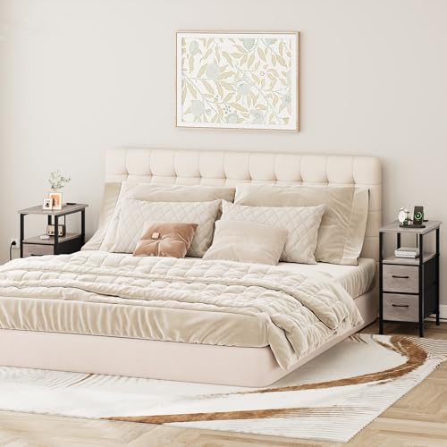 Set of 2 Nightstand with Charging Station and LED Lights, Narrow Side Table, LED Night Stand with 2 Fabric Drawers, Bedside Table Small End Table, Tall Nightstand for Bedroom, Rustic Grey - color: Greige, size: 2, style: With LEDs