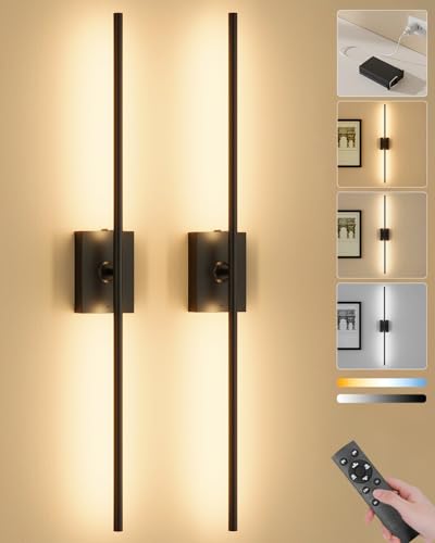 Battery Operated Wall Sconces Set of 2, 10000mAh Wireless Rechargeable 3000-6000K Dimmable 350° Rotate Wall Light with Remote for Living Room, Bedroom 31.6in Black - color: Black, size: 31.6in-Square Base