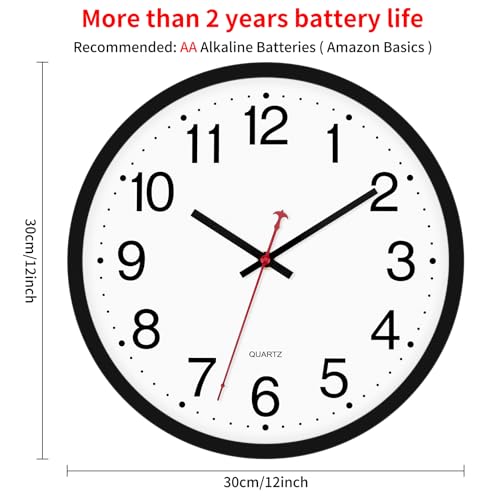 Foxtop Black Wall Clock Silent Non-Ticking 12 Inch Quartz Battery Operated Round Analog Wall Clock for Classroom School Office Living Room Bedroom Home - color: Black, size: 12 Inch - 1 Clock