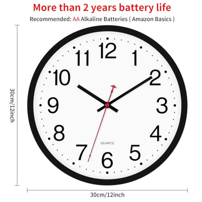 Foxtop Black Wall Clock Silent Non-Ticking 12 Inch Quartz Battery Operated Round Analog Wall Clock for Classroom School Office Living Room Bedroom Home - color: Black, size: 12 Inch - 1 Clock