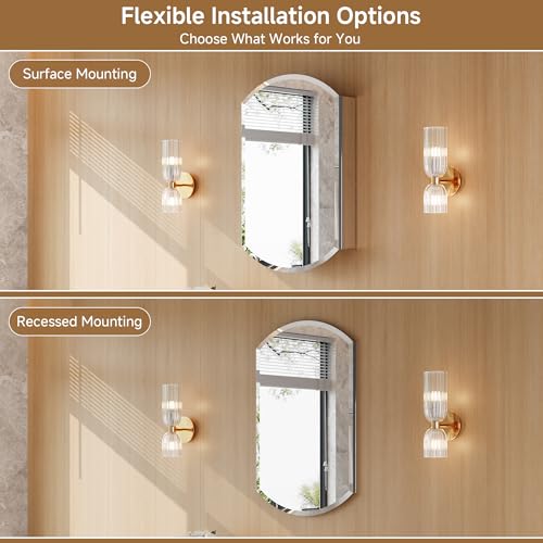20"x32" Oval Bathroom Medicine Cabinet with Mirror, Reversible installation | Recessed or Surface Mount Medicine Cabinets with Adjustable Glass Shelves, Soft-Closed Hinge, Chrome Aluminum Frame - size: 20" x 32"