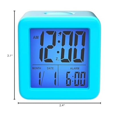 Plumeet Digital Alarm Clock Kids with Snooze and Nightlight - Easy Setting Silicone Clock Display Time, Date - Loud for Bedroom - Battery Powered (Blue) - color: Light Blue