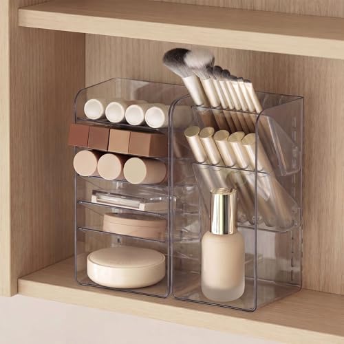 PAVSTINE 2-Pack Medicine Cabinet Organizer with Adjustable Dividers, Clear Vertical Layered Backward Slanting Shelves, Space-Saving, for Makeup Brush/Lip Gloss/Mascara Storage - size: 2-Tier & 5-Tier Slant Set