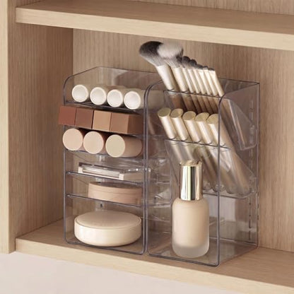 PAVSTINE 2-Pack Medicine Cabinet Organizer with Adjustable Dividers, Clear Vertical Layered Backward Slanting Shelves, Space-Saving, for Makeup Brush/Lip Gloss/Mascara Storage - size: 2-Tier & 5-Tier Slant Set