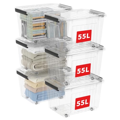 Cetomo 60Qt*6 Plastic Storage Bins, Storage Box, 6 Pack, Organizing Container with Wheels, Durable Lids and Secure Latching Buckles, Stackable and Nestable, Clear with Black Buckle - size: 55L*6