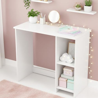 Tangkula Small White Desk with Shelves, Compact Desk for Small Space, Study Writing Table with 2 Tier Shelves, Modern Simple Style Laptop PC Table, White - color: White