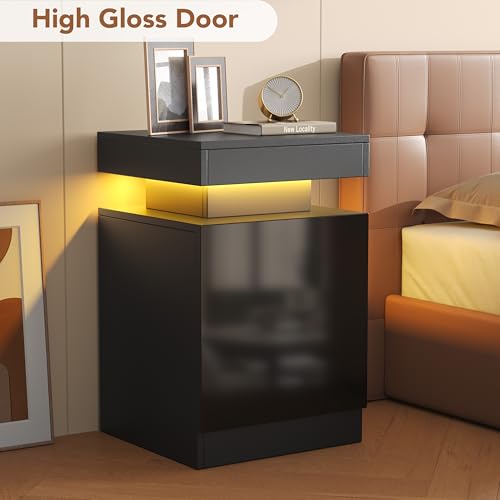 Nightstands Set 2, 15 Inches LED Night Stand Set of 2, Modern Bedside Table with LED Lights, High Gloss Surface, End Table with Storage for Bedroom, Black - color: Black-15"