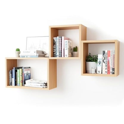 Wall Mount Shelf Set of 3, Floating Cube Shelves for Space Discovery Home and Commercial Use, Large Size Shelves Set, Light Walnut - color: Light Walnut, size: Set3