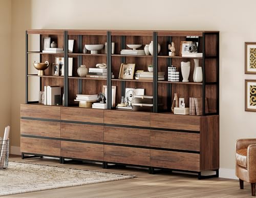 WAMPAT 4 PCS Modern 72" Tall Bookshelf with 6 Drawers and Open Book Shelves, Library Bookcase with Storage Cabinet and Metal Base, Wood Freestanding Bookshelves for Home Office, Living Room, Brown - color: Brown-b, size: 4 PCS