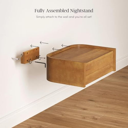 Nathan James Tyla Wall Mounted Bedside Table, Floating 1-Drawer Nightstand with Rounded Edges, Light Brown - color: Tyla Light Brown, size: 1