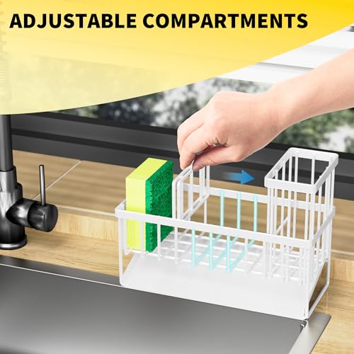 Cisily Sink Caddy Sponge Holder - Stainless Steel Rustproof, High Brush Holder, Dish Sponge Organizer with Divider (White) - color: White, size: 9.25″