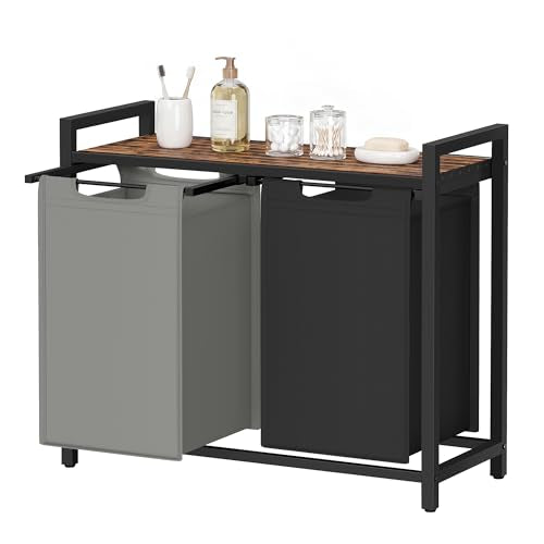 SONGMICS HOME Laundry Basket Sorter with Storage Shelf, Laundry Hamper with Metal Frame, 2 x 12.1 Gallons (46 L), Bicolor and Rustic Brown - color: Bicolor + Rustic Brown, size: 2 Bags-92L