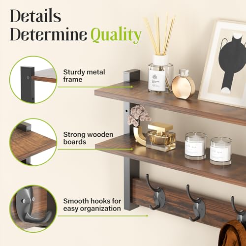 2 Tier Coat Rack Wall Mount with Shelf, 33" Wall Shelf with Hooks, Entryway Key Holder for Wall with 8 Heavy Duty Double Hooks, Coat Hook Wall Mounted for Bedroom, Living Room, Rustic Brown - color: Brown-2 Pack
