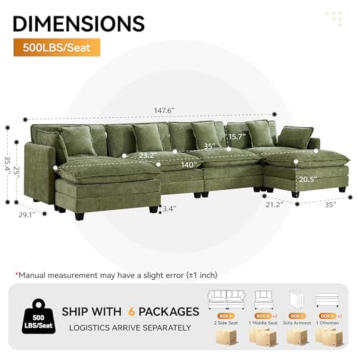 147'' Sectional Cloud Deep Seat Couch, Oversized Chenille U Shaped Sectional Sofa for Living Room Set, Comfy Upholstered Modular Sectional Sofa Couch with Movable Ottoman, Green - color: Green, size: 147'' U Shape