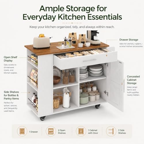4 EVER WINNER 39" Rolling Kitchen Island with Storage and Drawer, Farmhouse Kitchen Island on Wheels with 3-Tier Spice Rack, Adjustable Shelf & Towel Rack, Mobile Kitchen Cart for Small Space, White - style: WHITE