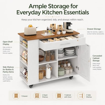 4 EVER WINNER 39" Rolling Kitchen Island with Storage and Drawer, Farmhouse Kitchen Island on Wheels with 3-Tier Spice Rack, Adjustable Shelf & Towel Rack, Mobile Kitchen Cart for Small Space, White - style: WHITE