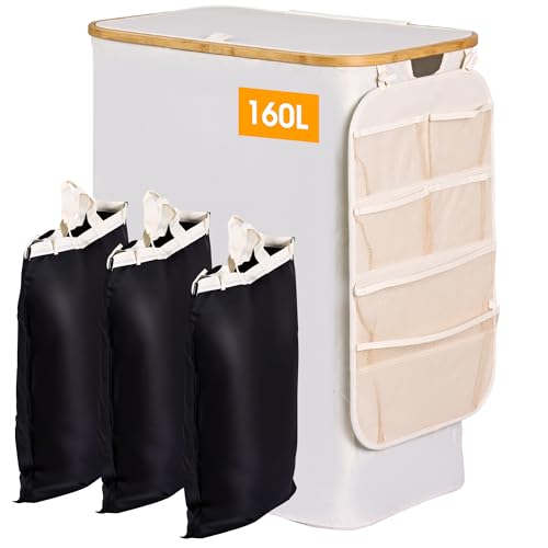 Laundry Basket 160L Laundry Hamper 3 Section, Large 42.3 Gal Separated Laundry Hamper with Lid & Removable Liners, laundry organizer with 6 Pockets & Handles for Bedroom Laundry Room, Beige - color: Beige