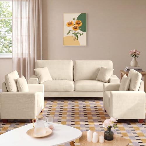 DOPEDIO 88.58" Sofa Set, Chenille Loveseat & 2 Accent Chairs, Beige | Modern chenille sofa set with removable covers, spring cushions, solid wood frame, easy assembly for comfortable living rooms - size: 88.58 inch + 2 Single, style: Beige Chenille