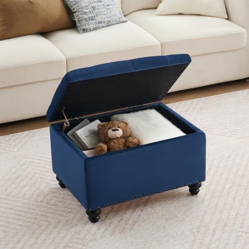 Zihanhome Velvet Storage Ottoman Bench, Button Tufted Ottoman with Hidden Storage, Upholstered Foot Rest Stool with Solid Wood Legs for Living Room, Bedroom, Entryway & Small Spaces (Sapphire Blue) - color: Velvet-sapphire Blue