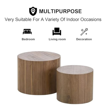 Nesting Coffee Table Set of 2, Modern Round Coffee Table with Non-Slip Feet, Walnut Wooden Circle Accent Tables for Small Spaces Living Room Bedroom Balcony Office Drum Side Table (Walnut) - color: Walnut