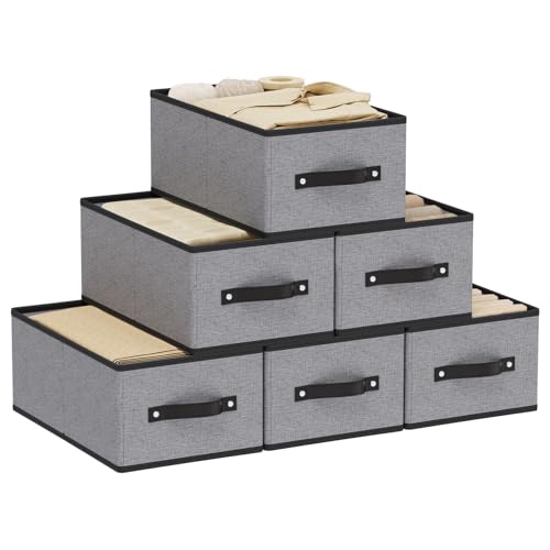 Storage Baskets with Handles,16.1×9.8×6.5In,Gray Boxes,6Pack | Storage Bins for Shelves,Foldable Clothing Drawer Organizer,Closet Containers for Home,Office,Large Fabric Cubes - color: Gray, size: Large -6 Pack