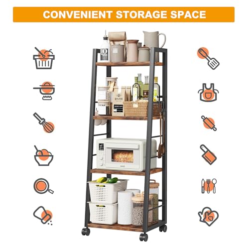 Homeiju 4 Tier Kitchen Storage Cart with Lockable Wheels & 6 Hooks, Mobile Utility Organizer Rolling Cart for Small Spaces, Bar Cart for Kitchen and Living Room, Rustic Brown