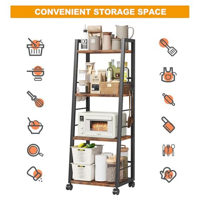 Homeiju 4 Tier Kitchen Storage Cart with Lockable Wheels & 6 Hooks, Mobile Utility Organizer Rolling Cart for Small Spaces, Bar Cart for Kitchen and Living Room, Rustic Brown