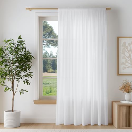 FMFUNCTEX White Sheer Curtains, 96 Inch, Rod Pocket, 1 Panel for Bedroom | Sliding Door Extra Wide Semi Sheer Drapes,Faux Silk That Let Light,Non-See-Through Patio Glass Door Curtain for Living Room - color: White, size: 100"W x 96"L (Pack of 1)
