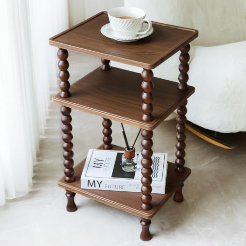 3-Tier Narrow Side Table, Small End Table for Indoor Storage & Space-Saving | Compact wooden side table with shelf storage. Ideal as living room accent or bedroom nightstand. Sturdy Frame,easy assembly - color: Walnut-square