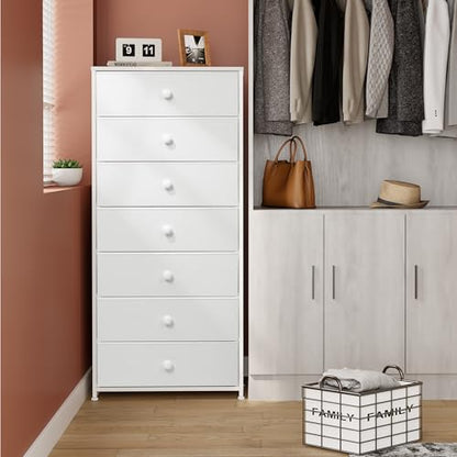 Fabric Dresser for Bedroom, Wide 7-Drawer Tall Vertical Tower (White) | Wooden Top, Steel Frame, Easy Pull Bin,Organizer Unit for Living Room, Hallway, Entryway, Nursery, Closets - color: White, style: Wide-7 Drawers