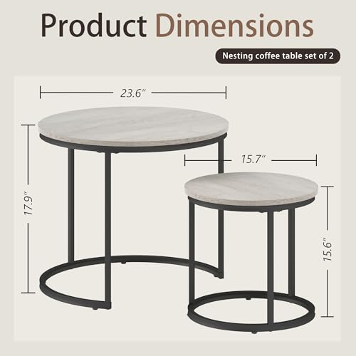Otterease Nesting Tables Set of 2, Small Round Coffee Table for Living Room | Nesting Coffee Table with Adjustable Non-Slip Feet, Wood Grain Top Nesting Table for Living Room, Bedroom (Wood Grain Grey) - color: 23.6" Wood Grain Grey