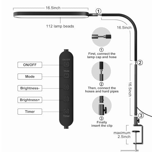 Led Desk Lamp - Desk Light for 33.5" Tall - Flexible Gooseneck - 5 Color Modes X 11 Brightness Levels - 1300LM - Timmer & Memory Function - 12W Clip on Light - Black - style: Black gooseneck