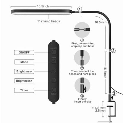 Led Desk Lamp - Desk Light for 33.5" Tall - Flexible Gooseneck - 5 Color Modes X 11 Brightness Levels - 1300LM - Timmer & Memory Function - 12W Clip on Light - Black - style: Black gooseneck