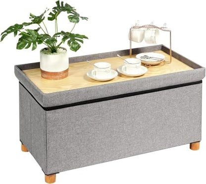 PINPLUS Ottoman with Storage Coffee Table, Grey Footrest-Stool Linen Chest with Tray, Large Storage Bench Foot Rest Ottoman for Bedroom End of Bed, Living Room, Hallway, 30"x 15"x 15" - color: Grey