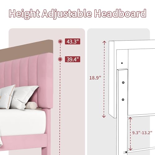 Garvee Full Size Platform Bed Frame with Upholstered Headboard, Pink | Fully Velvet Upholstered Mattress Foundation with Height Adjustable Headboard, No Box Spring Needed, Easy Assembly - color: Pink, size: Full
