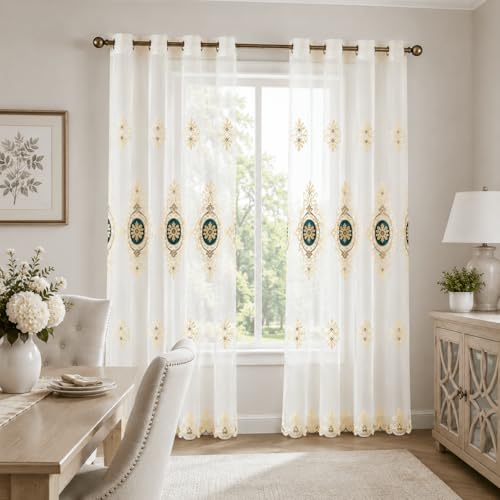 Simple Chenille Jacquard Sheer Window Elegance Curtains/Drapes/Panels/Treatments for Bedroom Living Room, 54 x 84, Top Grommets(2 Panels) | Jacquard Floral Detail, Lightweight Voile Feel, Gentle Light Diffusion, for Bedroom and Living Room Windows - color