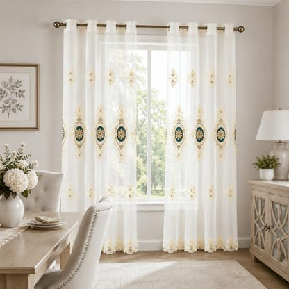 Blue Simple Chenille Jacquard Sheer Window Elegance Curtains/Drapes/Panels/Treatments for Bedroom Living Room,Top Grommets, Two Panels, W54 x L96 inch | Jacquard Floral Detail, Lightweight Voile Feel, Gentle Light Diffusion, for Bedroom and Living Room Wi